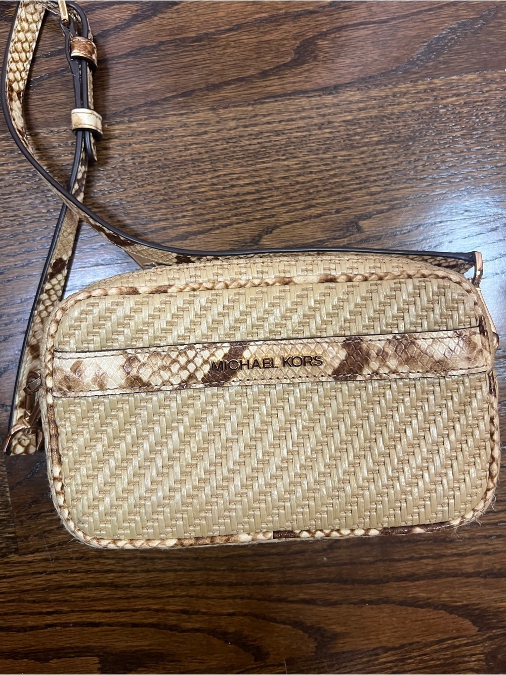 Michael Kors Tan Woven Straw Crossbody with Snake-Print Trim
